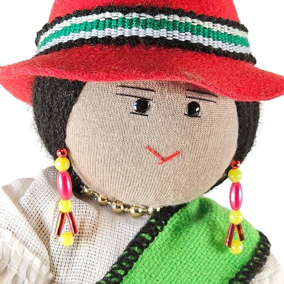 Handmade Bolivian Cloth Doll 9" Traditional Dress Red Hat Colorful Skirt & Beads - Picture 4 of 16